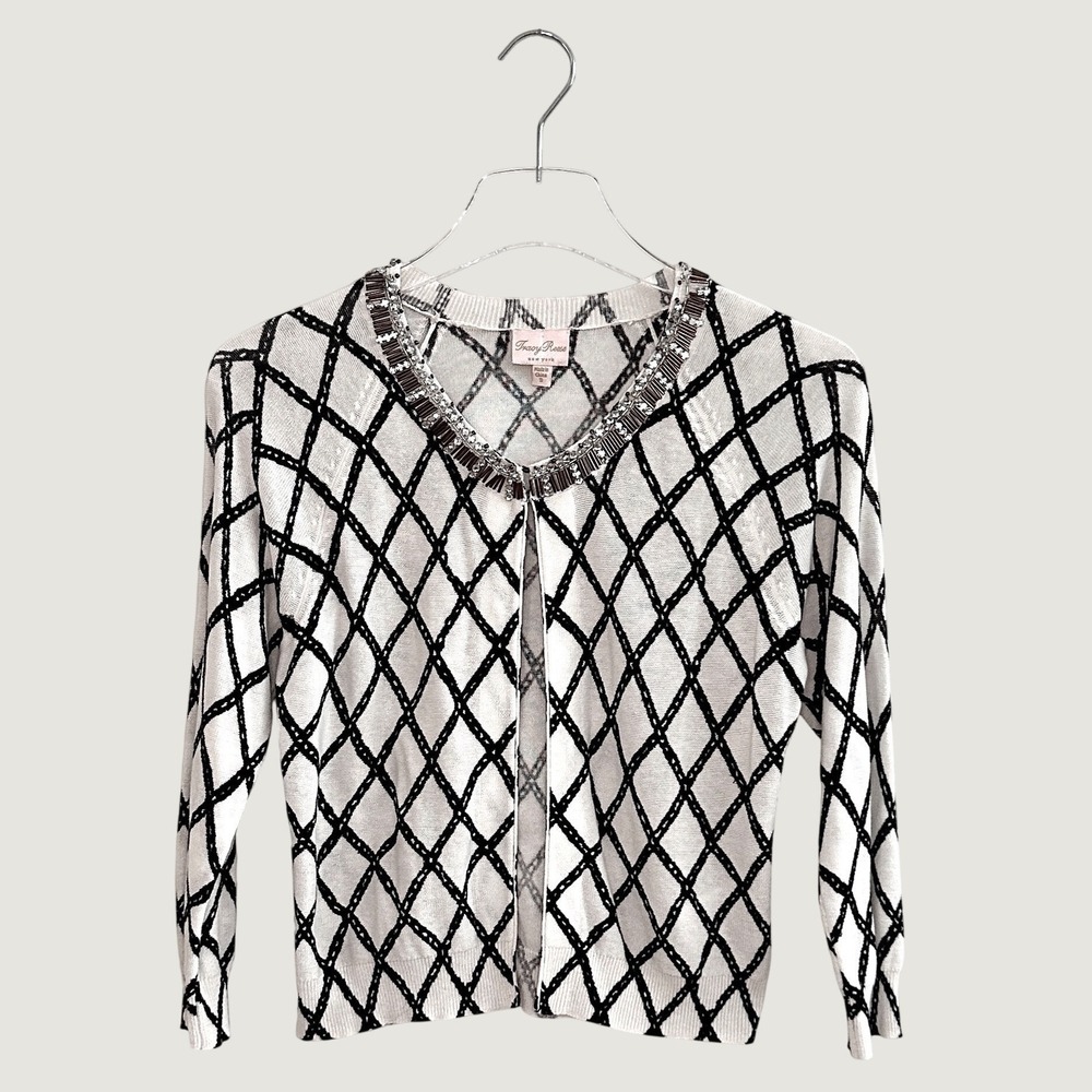 Tracy Reese NY Glam Beaded Diamond Rhinestone Cotton Cardigan White Black S